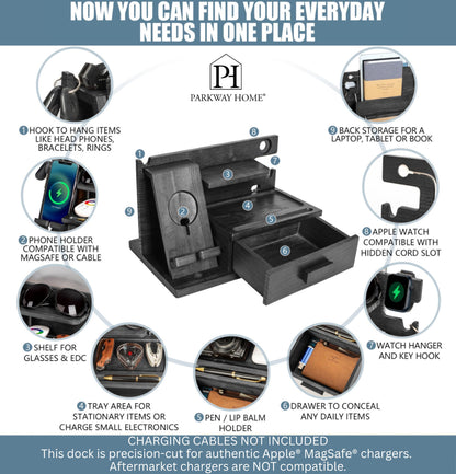 Parkway Home Black Wood Phone Docking Station with Drawer, Compatible with Apple Watch - Wood Charging Station Organizer Stand, Bedside Nightstand Organizer for Men, Holds, Tablet, Glasses, Keys, EDC
