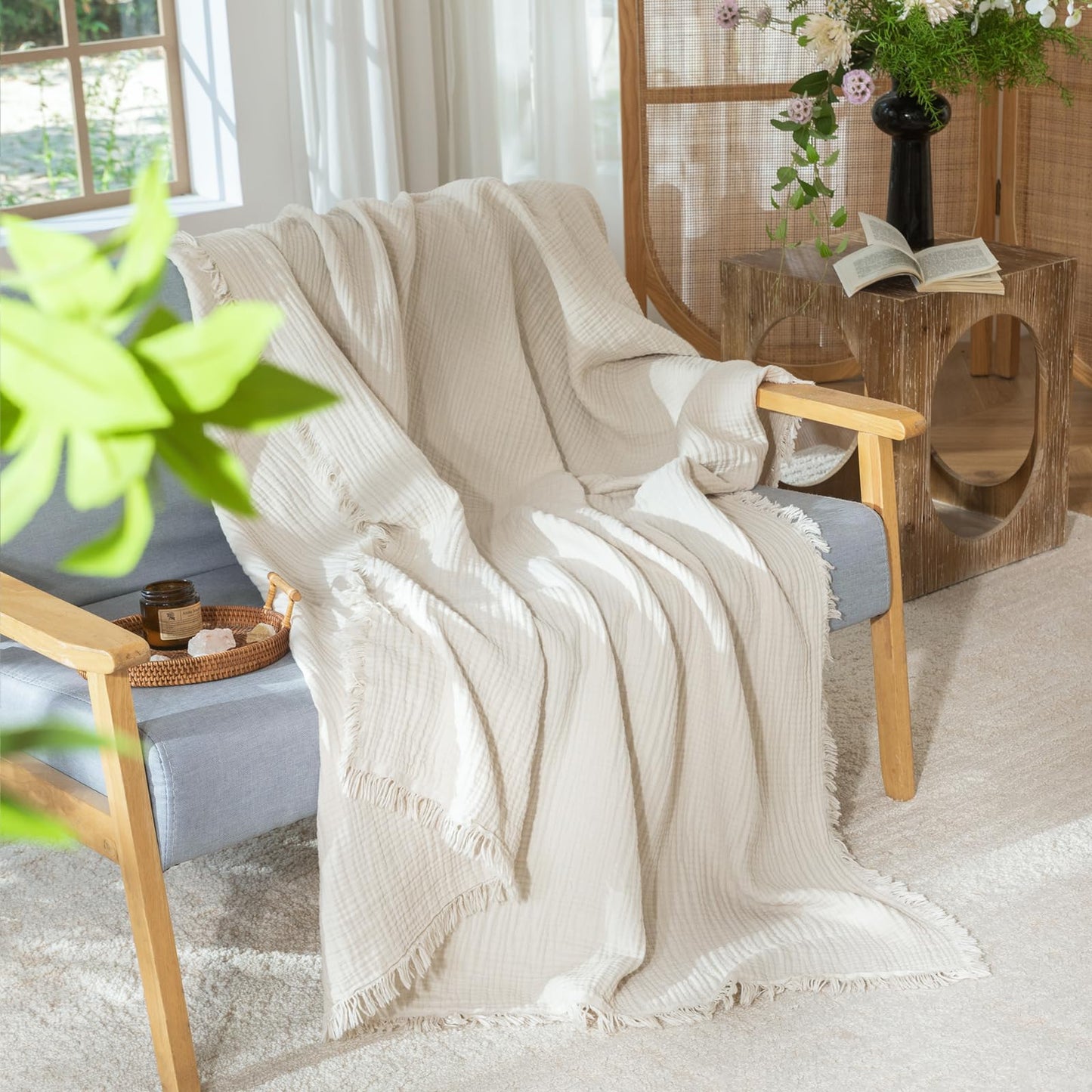 MooMee Muslin Blanket - 100% Cotton 4-Layer Gauze Throw Blanket with All-Around Fringe, Soft Breathable Lightweight Cooling Summer Blankets for Bed Couch (Beige,Queen 90" x 90")