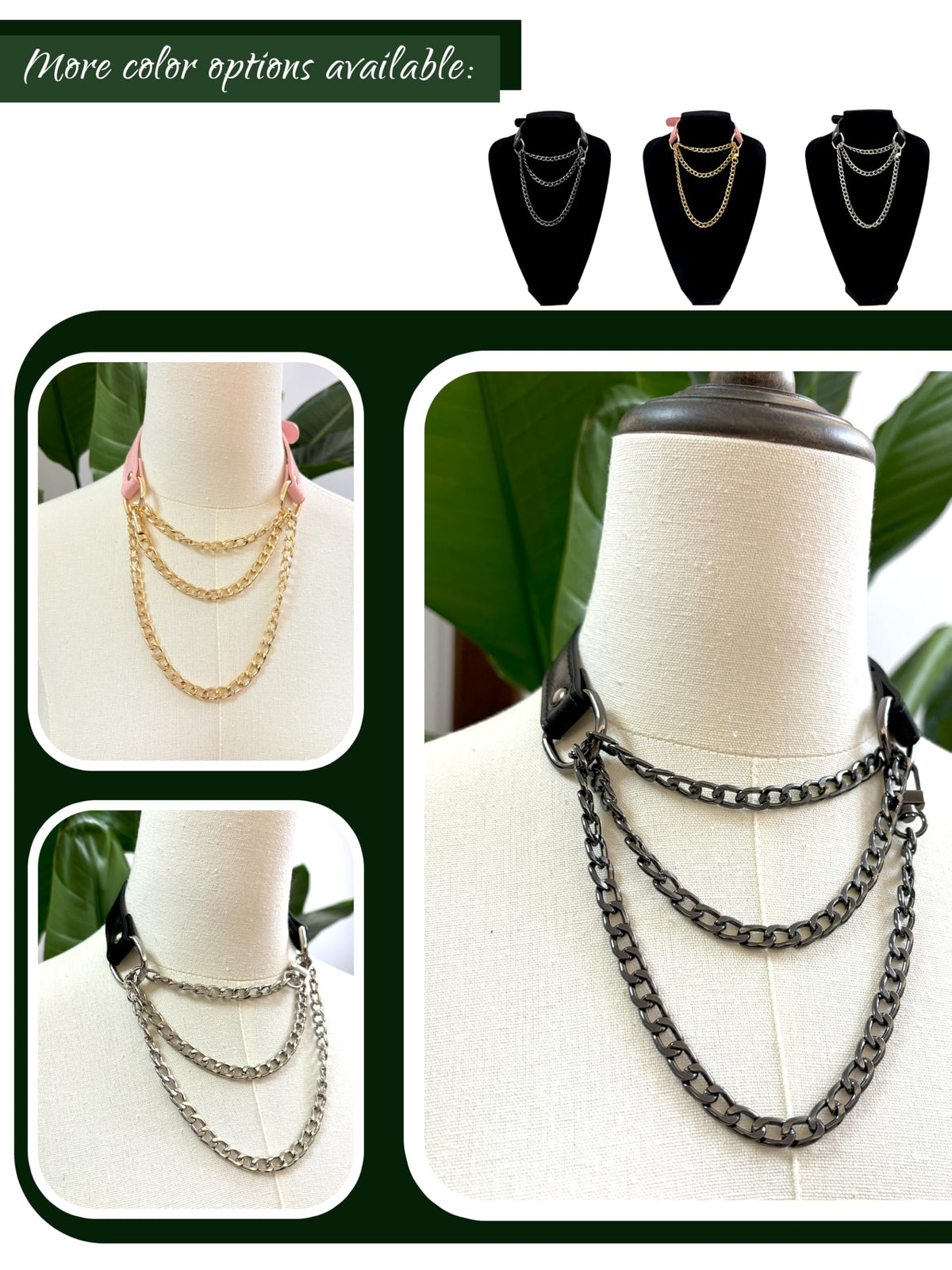 EverGlimp Handmade Black Vegan Leather Choker Collar For Women, Adjustable Triple-Layer Slip Chain Necklace