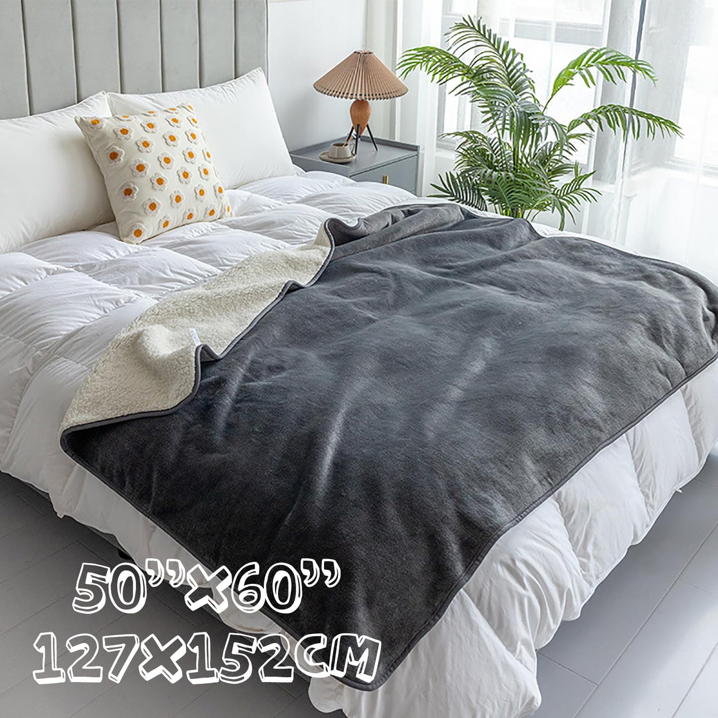 PFIMIGH Waterproof Dog Blanket, 3-layer Flannel and Sherpa Pet Throw, Reversible Protector Cover for Bed Couch Sofa, Grey, 127x152cm