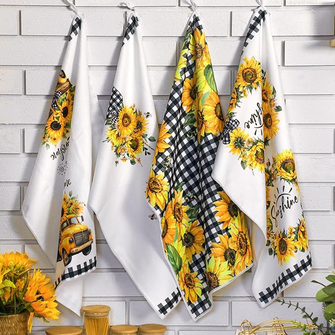 Geyoga 6 Pcs Spring Floral Kitchen Towels Flamingo Dish Hand Towels Sunflower