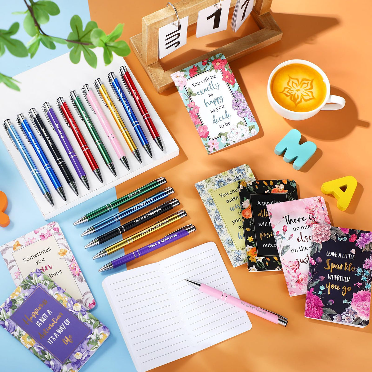 Funrous 32 Pcs Motivational Quote Pens Inspirational Notepads Mini Journal with Ballpoint Pen Small Notebooks Gift Set for Men Women Coworkers, Adult Party Favors Christmas Prizes Gift(Motivational)