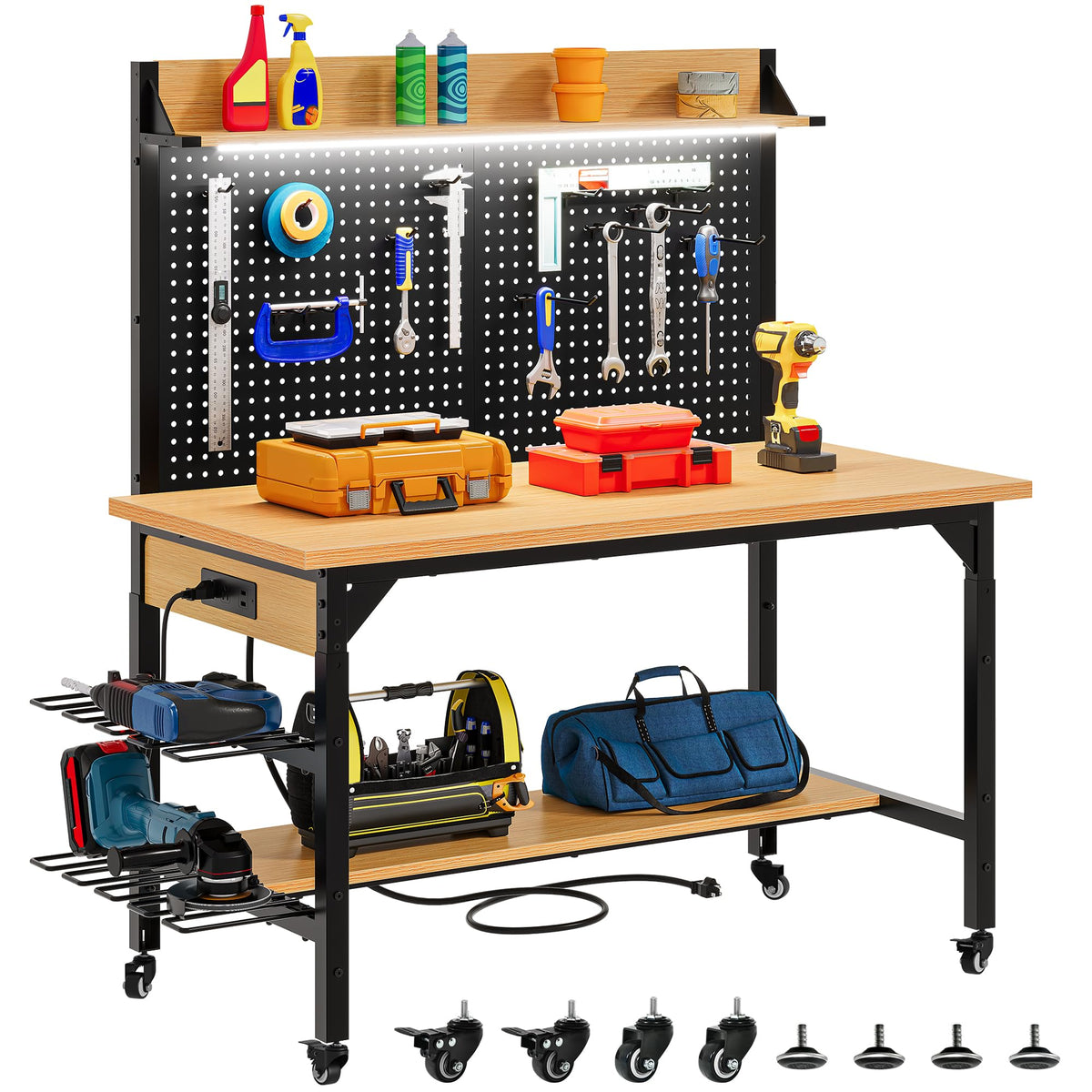 DWVO 47.2" Adjustable Height Workbench with Pegboard and Storage Shelf, Heavy Duty Work Bench with Wheels, Load 1100lb, Work Table with AC/USB Outlet, LED Light, Hooks, for Garage, Workshop, Home