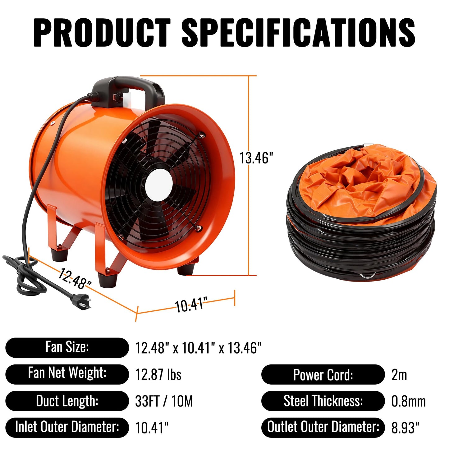 8-Inch Utility Blower Fan, 3300 RPM High-Speed Industrial Exhaust Fan with 33ft Flexible Duct Hose, Low Noise 61dB Portable Ventilator for Crawl Space, Basement Drying, Workshop Ventilation