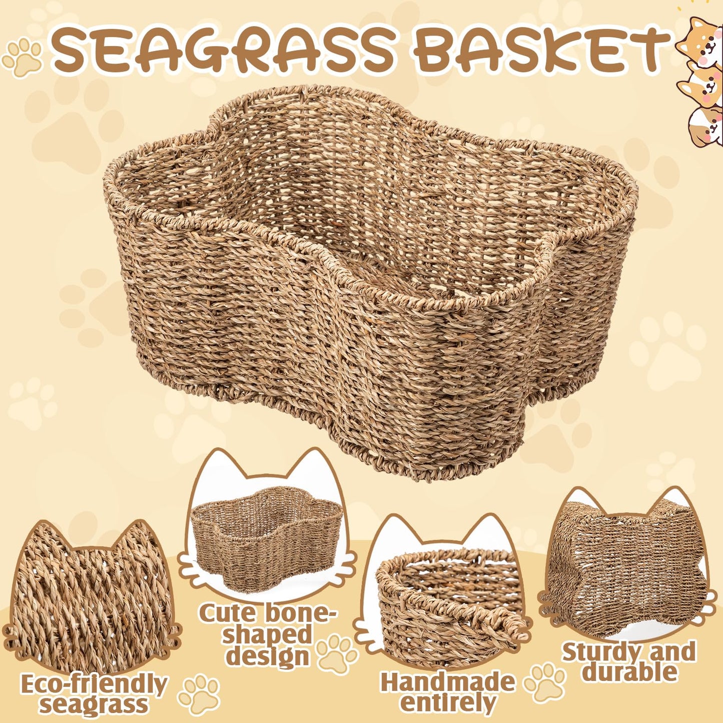 Leitee 16 x 12.8 Inch Mother‘s Day Bone Shaped Seagrass Wicker Basket with 8 Pcs Cat Toy, Cat Storage Basket Gift Set with Sisal Ball Mice Feather Stick, Interactive Toys for Indoor Cats and Kittens