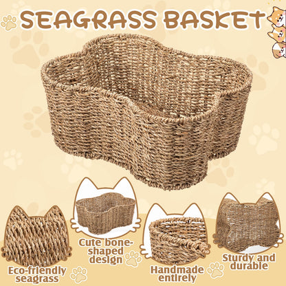Leitee 16 x 12.8 Inch Mother‘s Day Bone Shaped Seagrass Wicker Basket with 8 Pcs Cat Toy, Cat Storage Basket Gift Set with Sisal Ball Mice Feather Stick, Interactive Toys for Indoor Cats and Kittens
