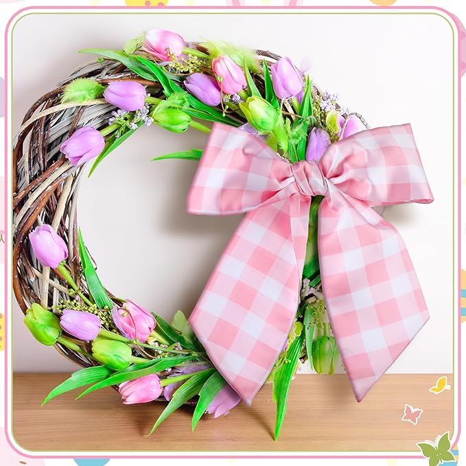 Wreath Sash for Front Door Wreath Satin Sash Blank Sashes Embroidery Monogram Yard Doorway Indoor Outdoor Wall Ribbon Bow Home Decor(Pink, White,Spring Buffalo Plaid)