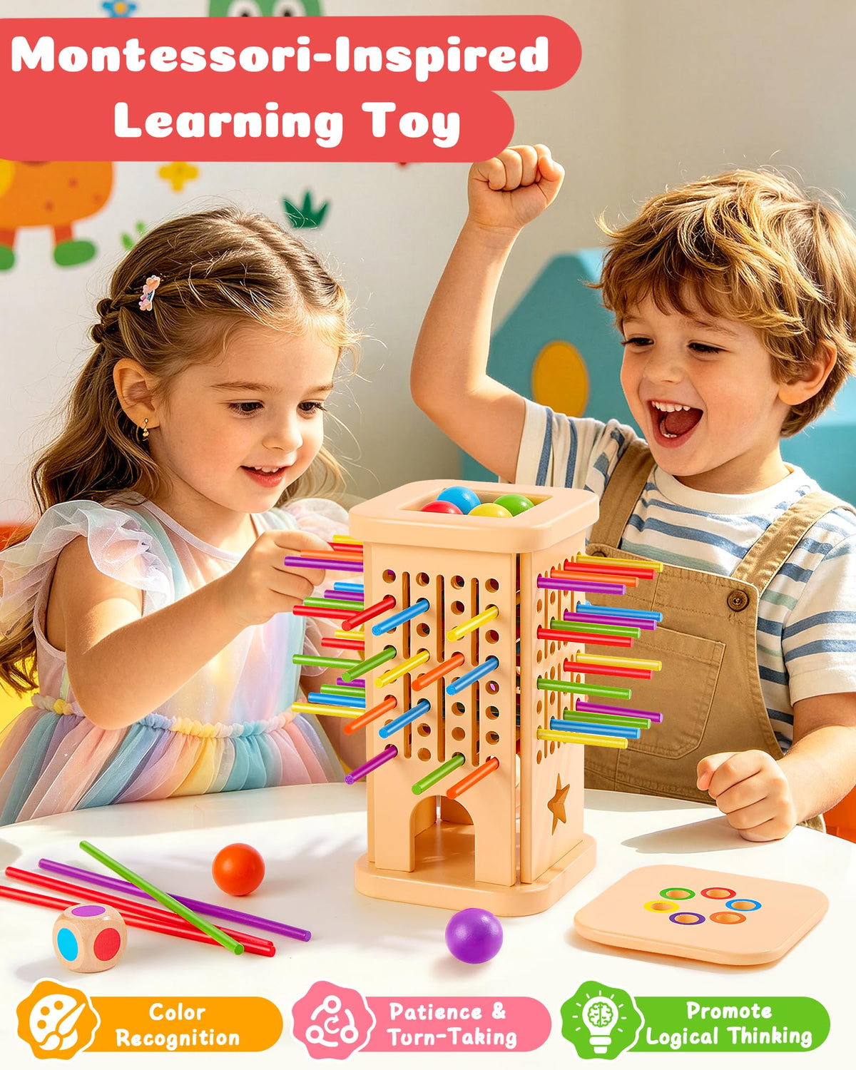Montessori Wooden Board Game for Kids 3–8, Color Matching Fine Motor Toy