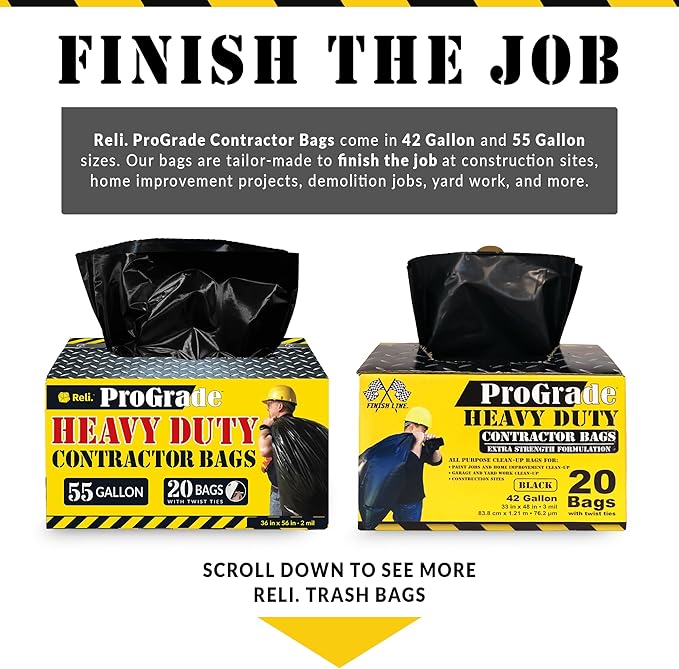 Reli. Contractor Garbage Bags 55 Gallon | 40 Trash Bags | Heavy Duty | Black