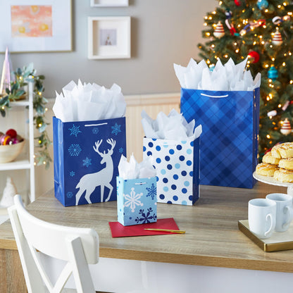 Hallmark Image Arts Assorted Christmas Gift Bags Bulk - Blue Plaid, Snowman, Deer, Tree, Snowflakes (16 Bags: 6 Small 5", 6 Medium 8", 2 Large 11", 2 XL 14") for Holiday Parties, Hanukkah, Weddings