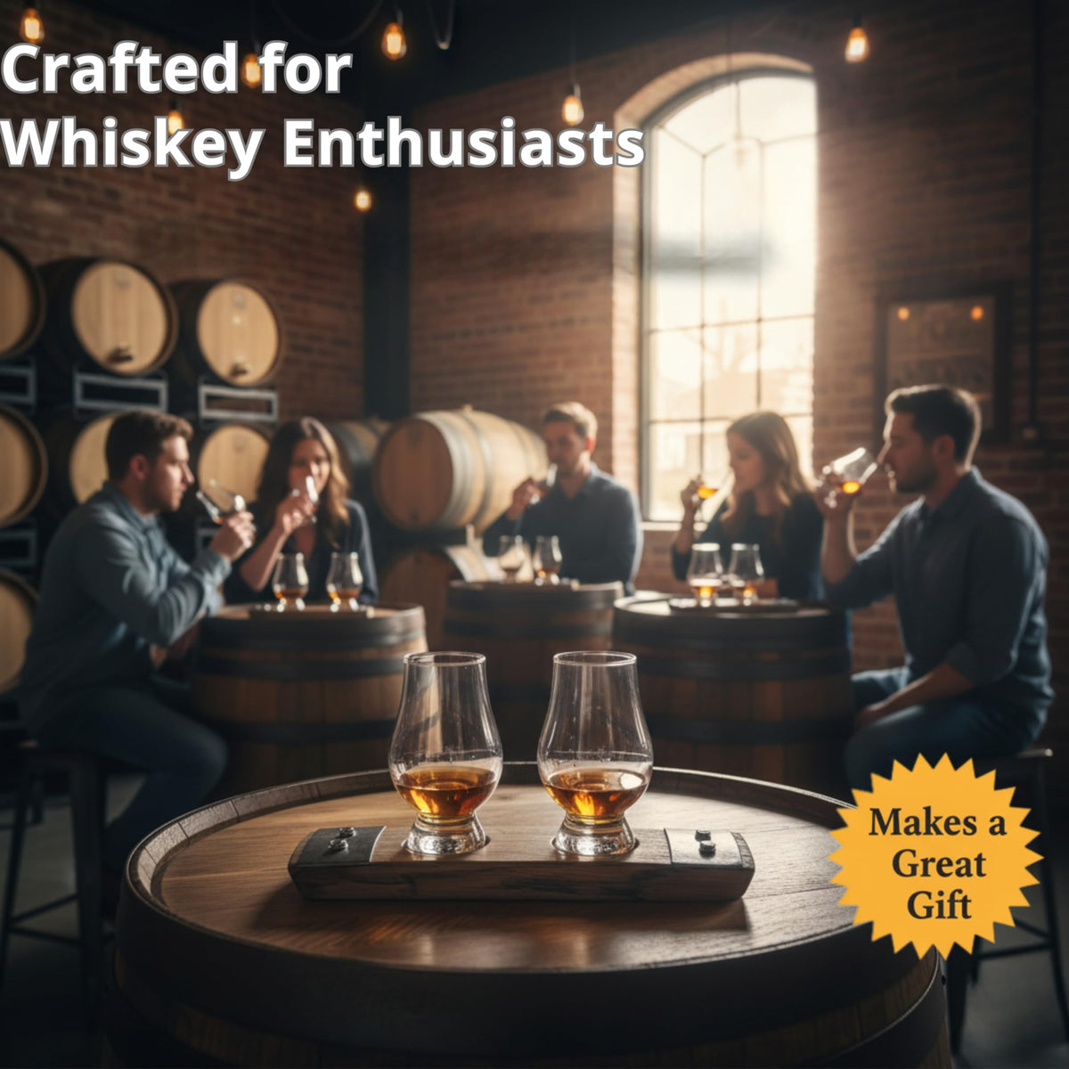 Barrel-Art Premium 2 Glass Whiskey Flight/Whiskey Coaster/Crystal Glass Holder/Bar Decor (With Crystal Glasses)