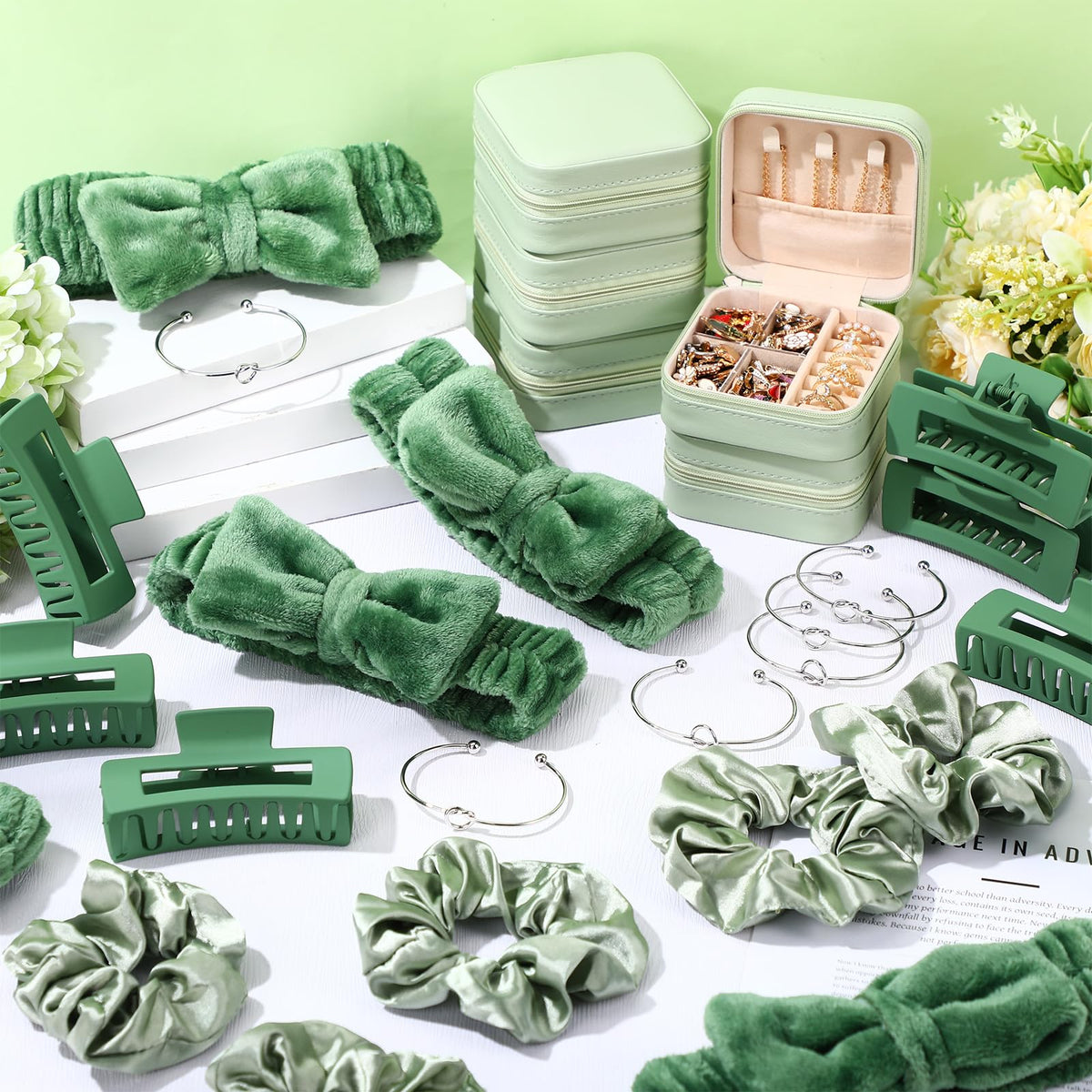 Suncalla 30 Pcs Spa Party Bridesmaid Proposal Gifts Wedding Bridal Party Favor Bridal Bracelet Jewelry Boxes Hair Clip Scrunchies Headband Knot for Graduation Gift(Sage Green)
