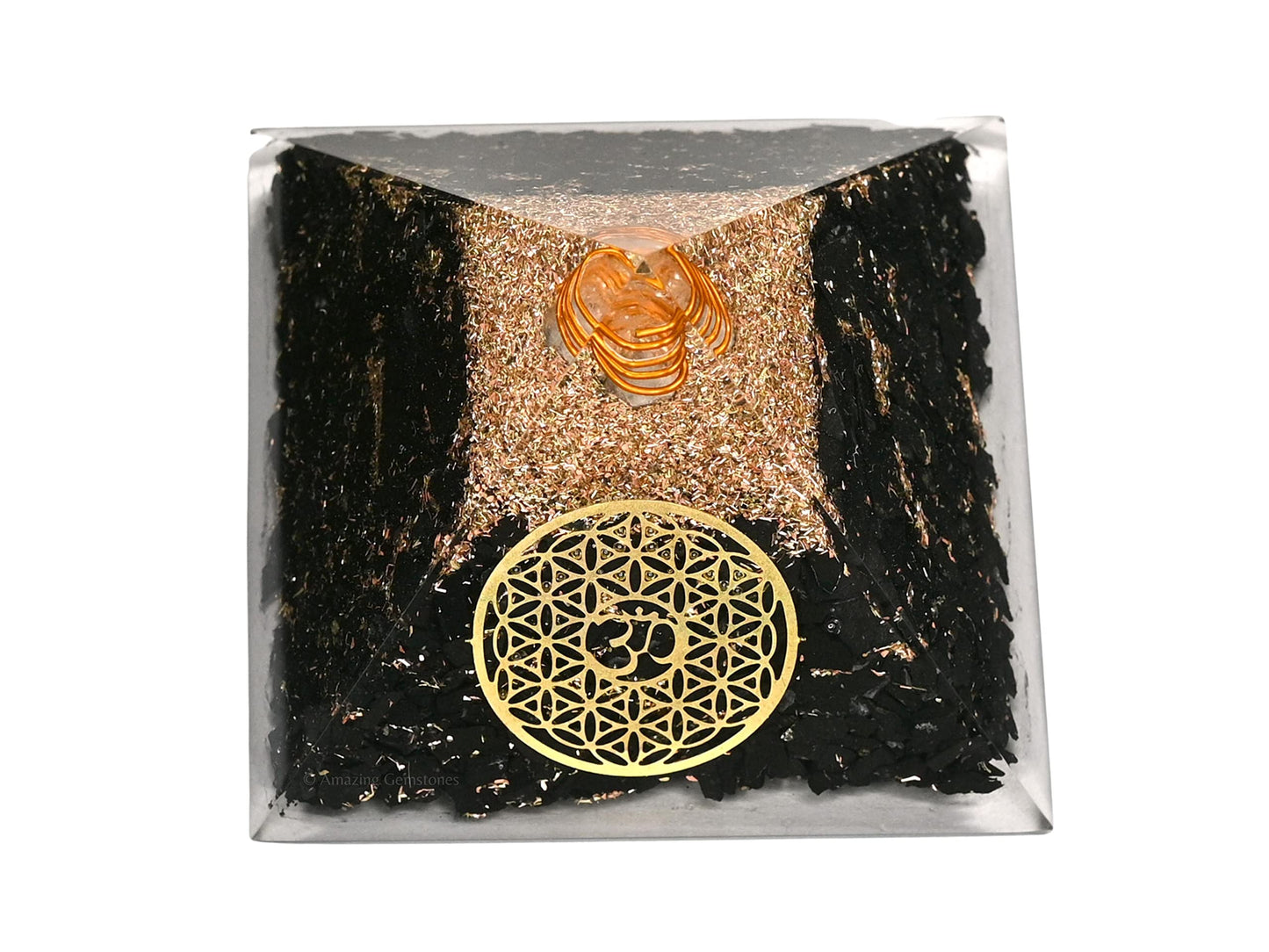 Amazing Gemstone Large Shungite Orgone Pyramid Crystal - OM with Flower of Life Orgonite Pyramid - Positive Energy Healing