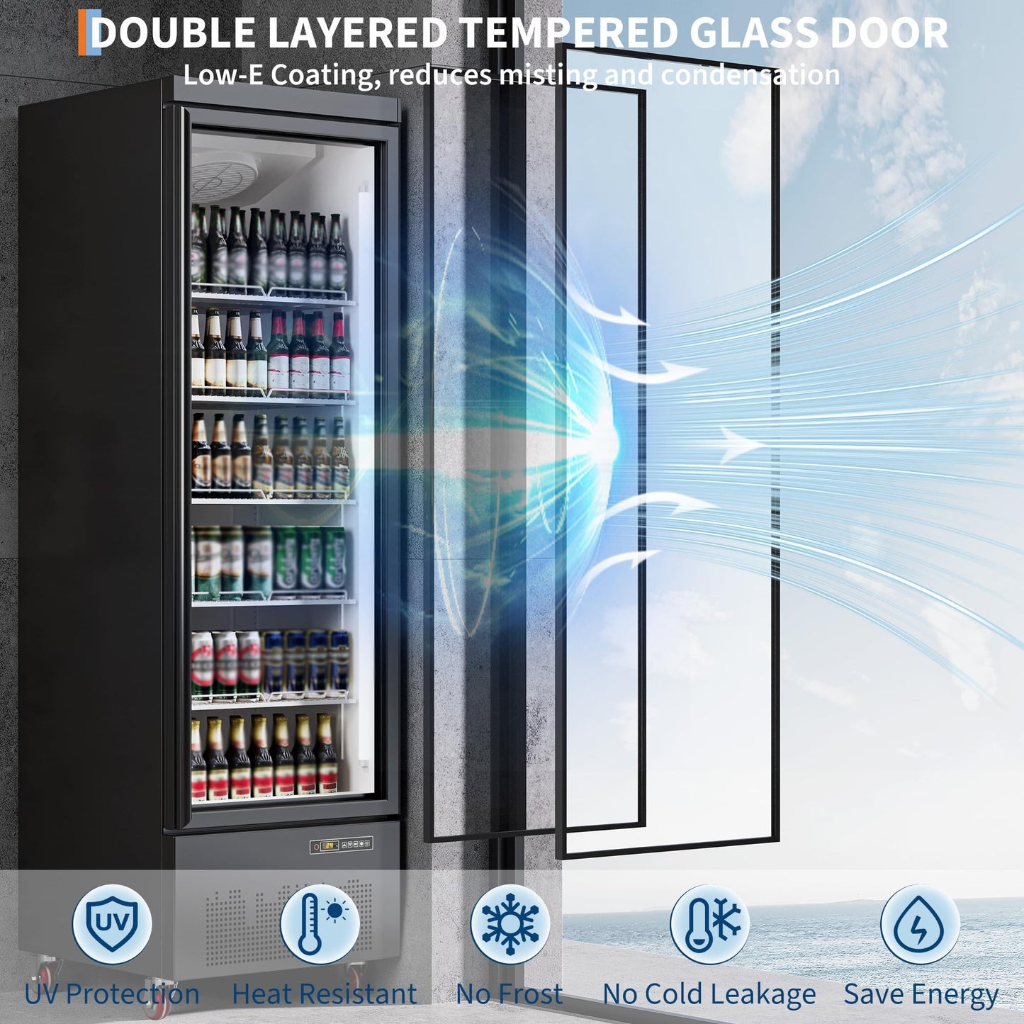 Commercial Merchandiser Refrigerator 17.7 Cu.ft Beverage Cooler, Glass Door Display Fridge with 5 Adjustable Shelves, Large Capacity Bar Fridge for Restaurant, Store, Upright Freezer for Home, Black