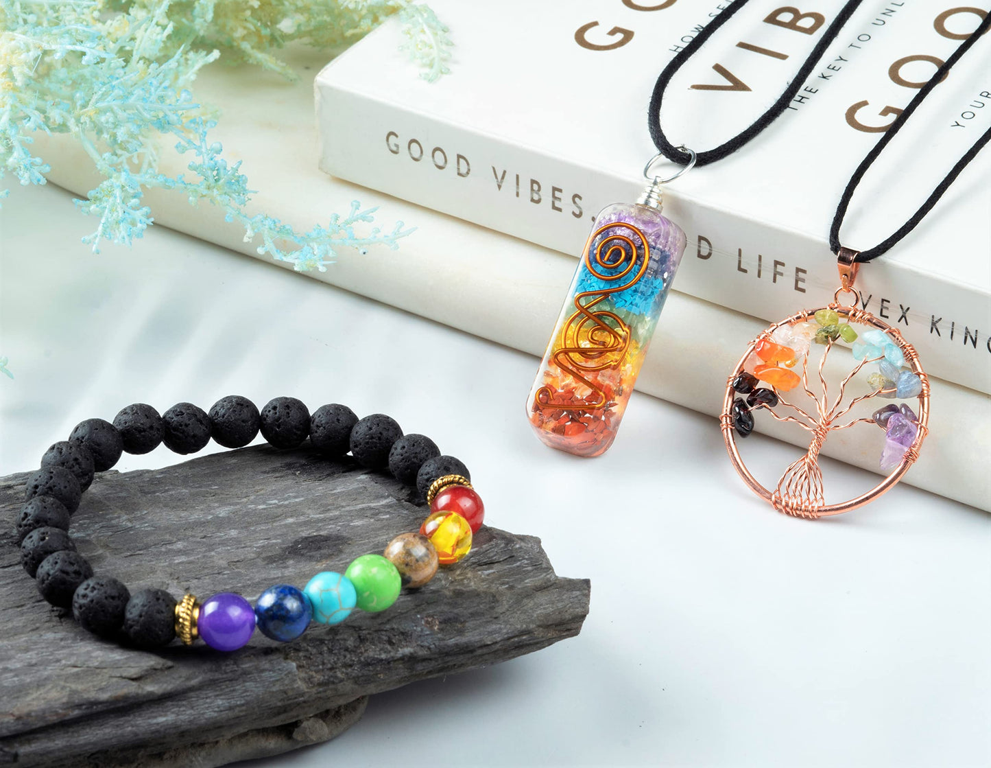 Crocon® Seven Chakra Crystal Tree of Life with Bracelet & 2 Pendants, Feng Shui Bonsai Decor Healing Crystals Spiritual Gifts for Cute Home Room & Desk Decor, Gifts for Women, Mom, Friend Her & Sister