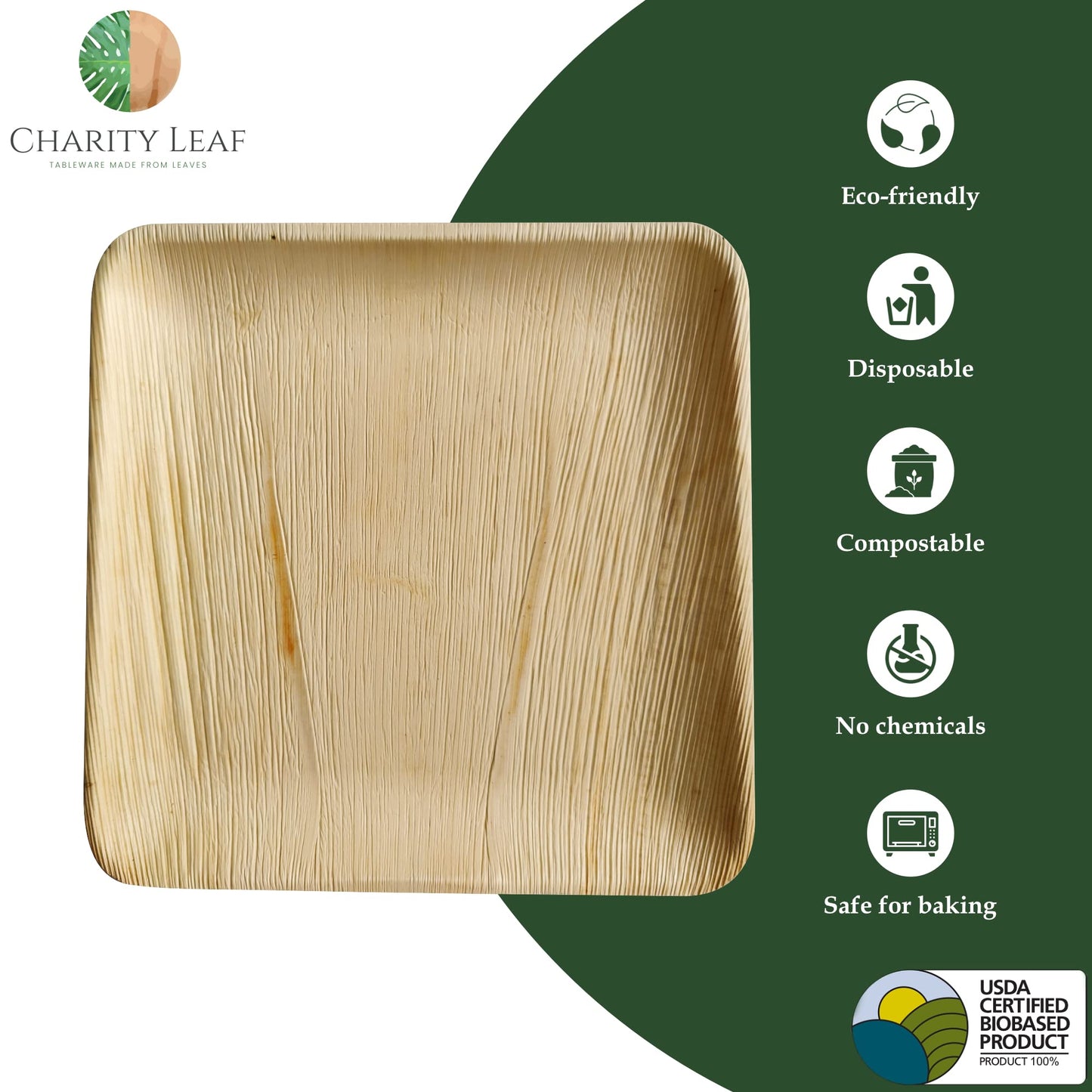 Charity Leaf Disposable Palm Leaf 11" Square Plates (25 pieces) Bamboo Like Serving Platters, Disposable Boards, Eco-Friendly Dinnerware For Weddings, Catering, Events