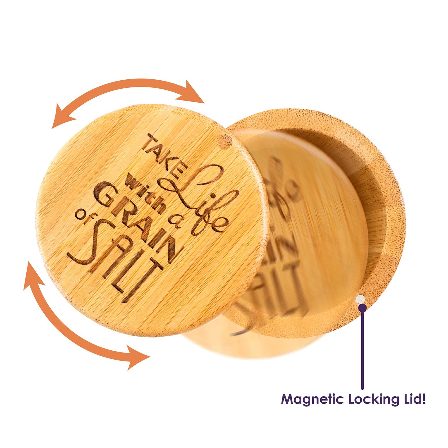 Totally Bamboo Salt Cellar Bamboo Storage Box with Magnetic Swivel Lid, 6 Ounce Capacity, "Take Life with a Grain of Salt" Engraved on Lid