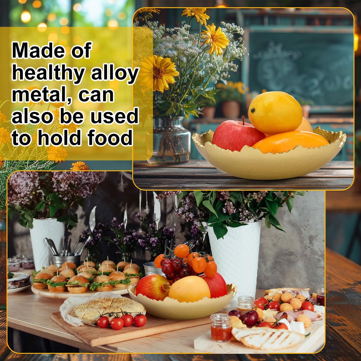 Nuogo 2 Pcs Gold Decorative Bowl for Table Golden Metal Centerpiece with Sculpted Edges Antique Torn Texture Serving Moon Bowl for Key Candy Fruit Tray Home Decorations