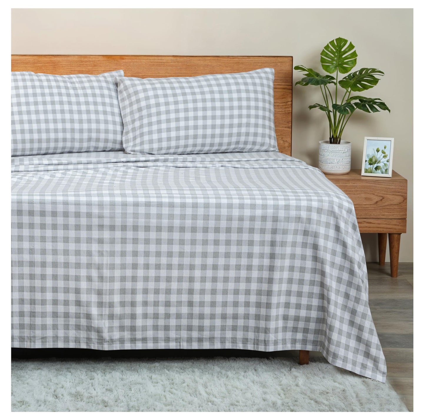 RUVANTI Flannel Sheets Queen Size - GOTS Certified 100% Organic Cotton, 4 Piece Warm, Soft & Breathable Set, Deep Pocket Snug Fit, Double Brushed Cozy All Season Bedding, Open Gingham