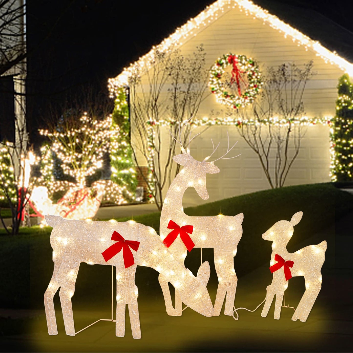Twinkle Star 3 Pack Tinsel Reindeer Family Lighted 2D Deer Christmas Decor, with Clear 60 Count Lights, Light Up Buck, Doe and Fawn Indoor or Outdoor Yard Lawn Festive Holiday Decoration