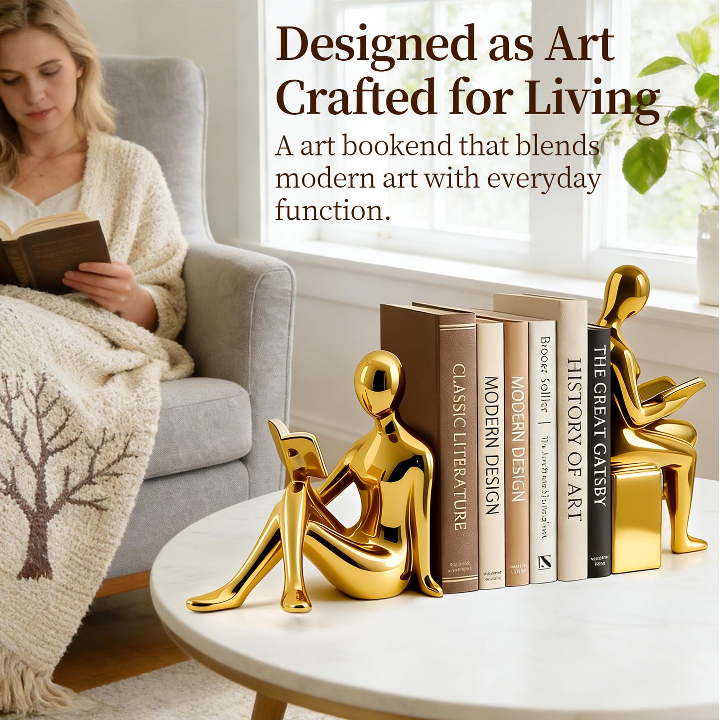 Decorative Bookends Set, Ceramic Book Ends for Shelves, Home Office Aesthetic Book Stopper, Reading Book Holder Statues for Bookshelf Bedroom Living Room Decor (Gold)