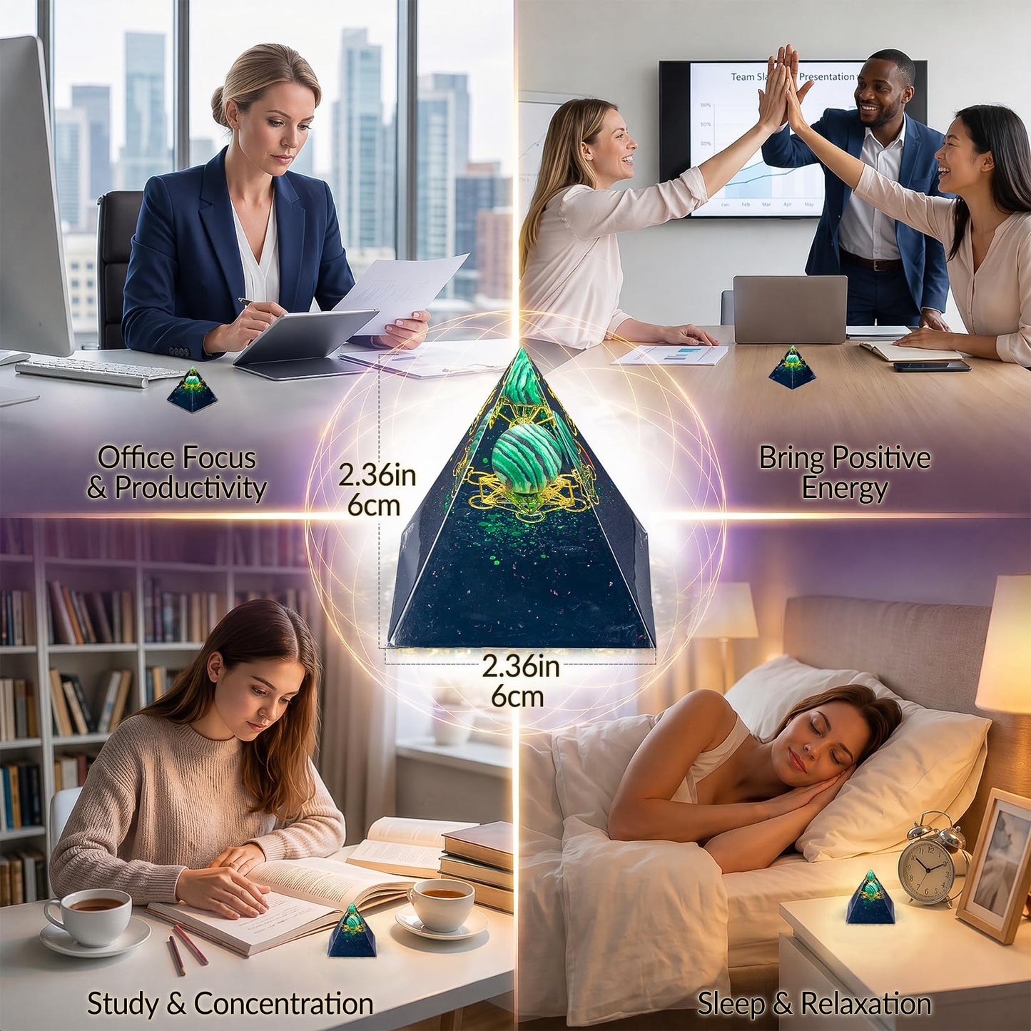 Orgone Crystal Pyramid for Positive Energy, Malachite Sphere Sacred Geometry Healing Crystal Pyramid, Obsidian Crystal Chips Energy Generator, Meditation Energy Healing Decor & 2 pcs Rose Quartz Heart