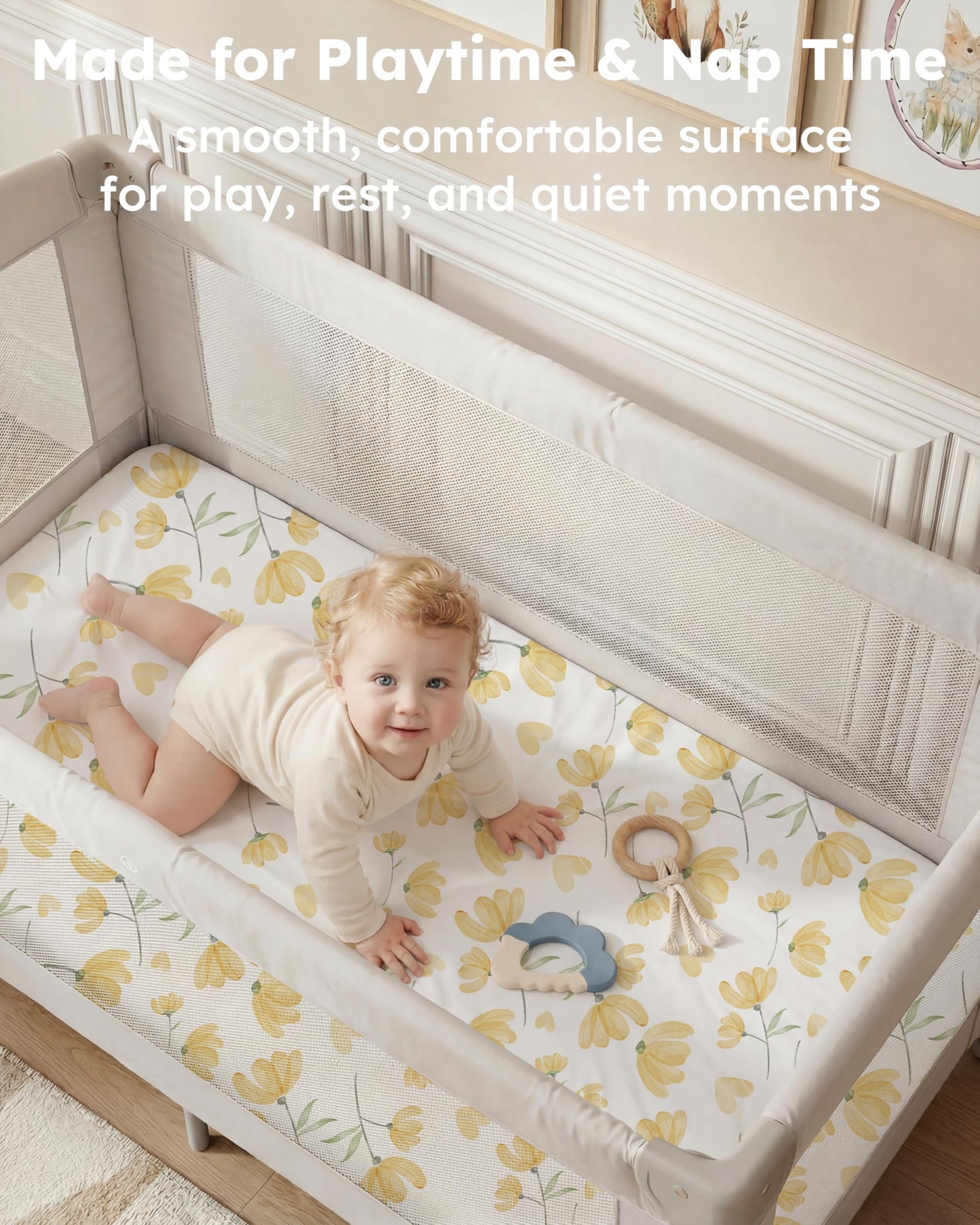 Nyessmee Pack and Play Sheets for Boys Girls, 38" x 26" Mini Crib Sheets Fitted for Pack n Play Mattress, Soft Breathable Playard Sheets, 2-Pack Yellow Flowers
