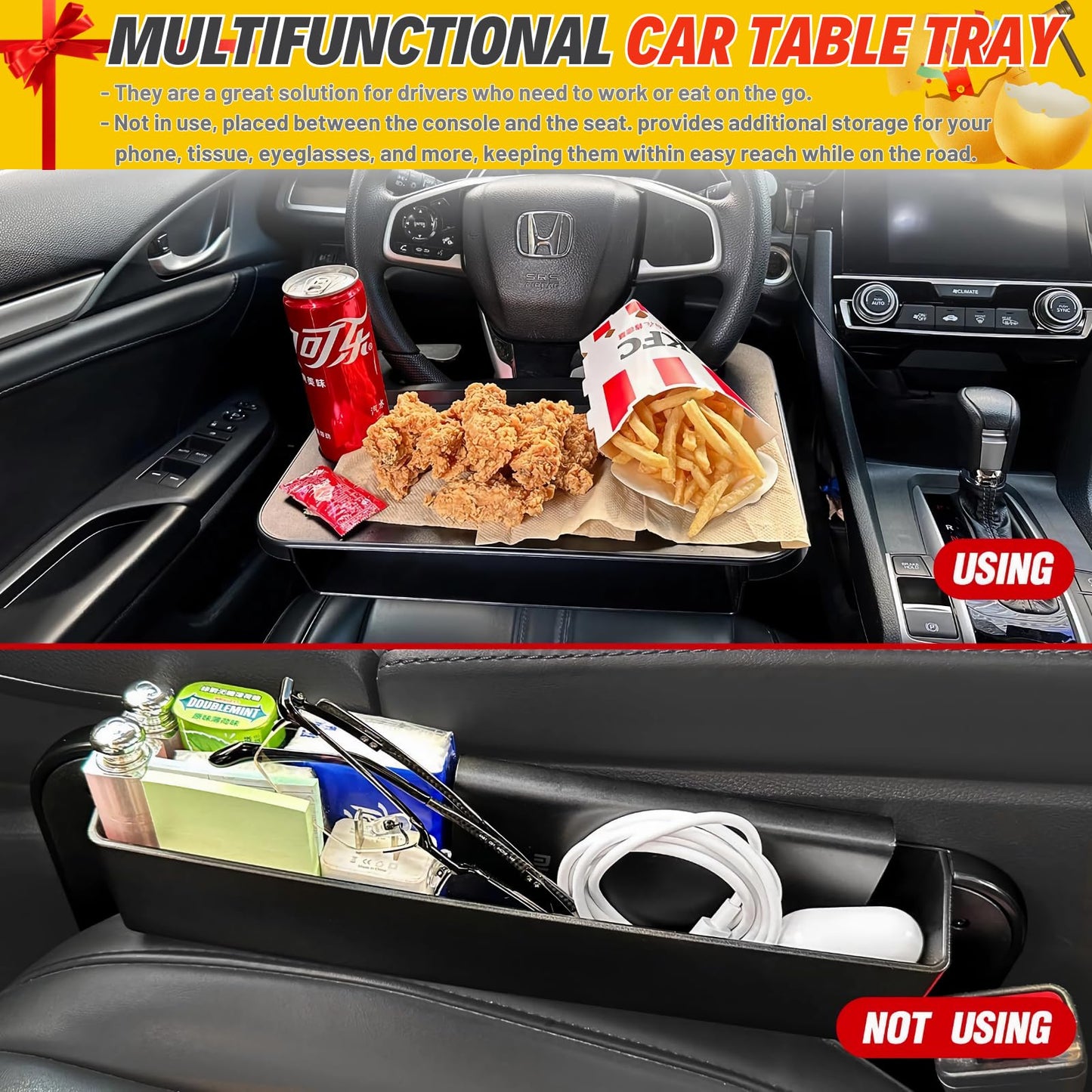 Qlhshop 2-in-1 Steering Wheel Desk - Steering Wheel Tray Table with Seat Gap Filler Organizer | Car Food Tray for Driver | Car Desk for Laptop & Eating - Work Road Trip Essentials Accessories