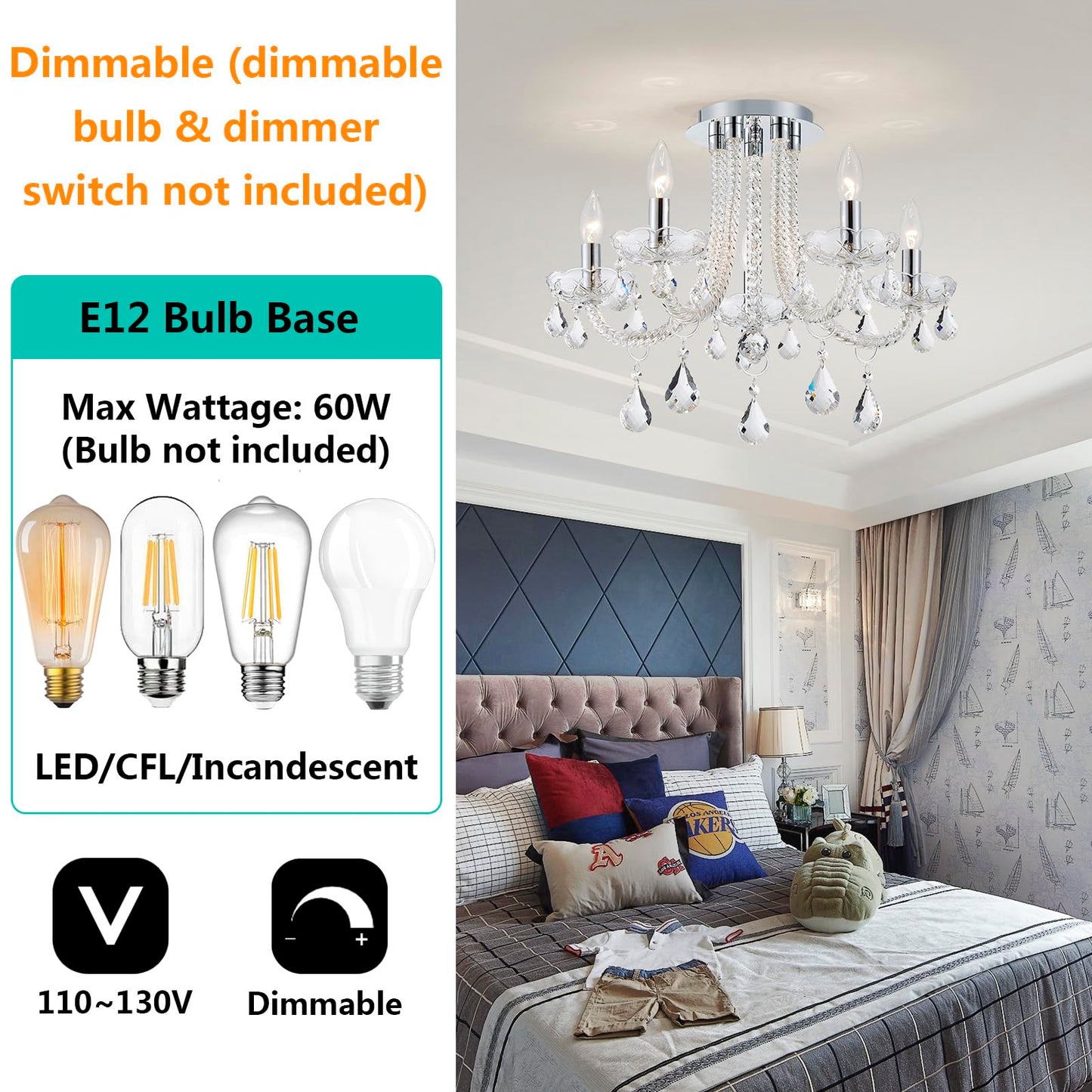 GlowEasely French K9 Crystal Maria Theresa Candle Chandelier, Luxury Vintage Pendant Light Fixture for Dining Room, Living Room, 5 Lights, D22.4*H15.7 inch, Clear Crystal & Chrome Finish Frame