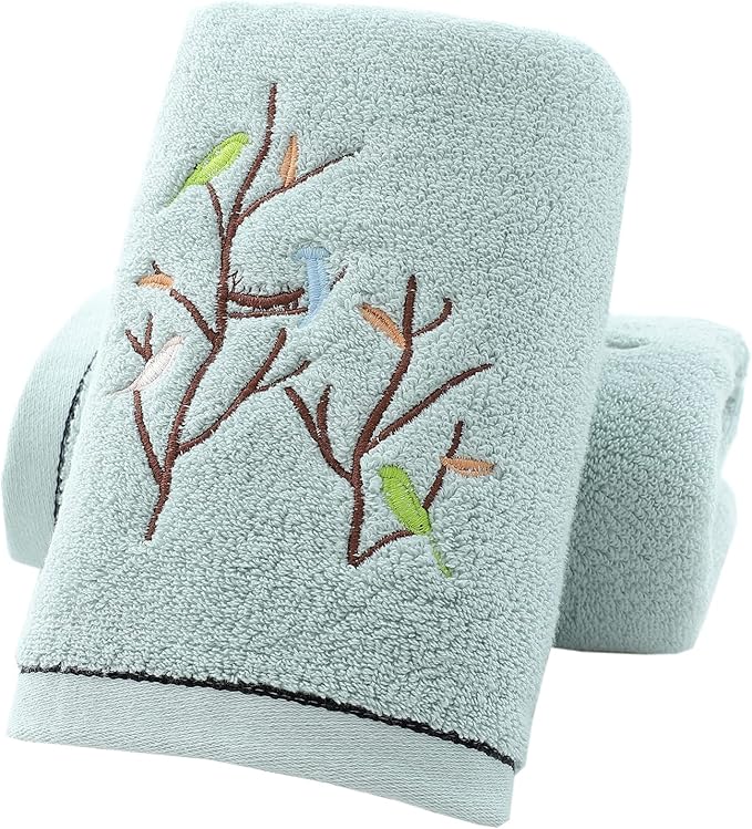 Pidada Hand Towels Set of 2 Embroidered Bird Tree Pattern 100% Cotton Absorbent