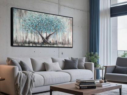Arjun Tree Wall Art Canvas for Living Room Blue Tree of Life Nature Teal Abstract Textured Painting Picture Modern Panoramic Landscape Artwork Framed Bedroom Home Office Decor, Large Size 40"x20"