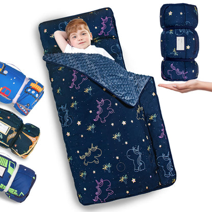 Primlect Thickened Toddler Nap Mat with Removable Pillow and Minky Blanket, Extra Large 55''x35'' Sleeping Bag, Washable, Roll up, Perfect for Daycare, Preschool, Kindergarten, Boys and Girls Unicorn