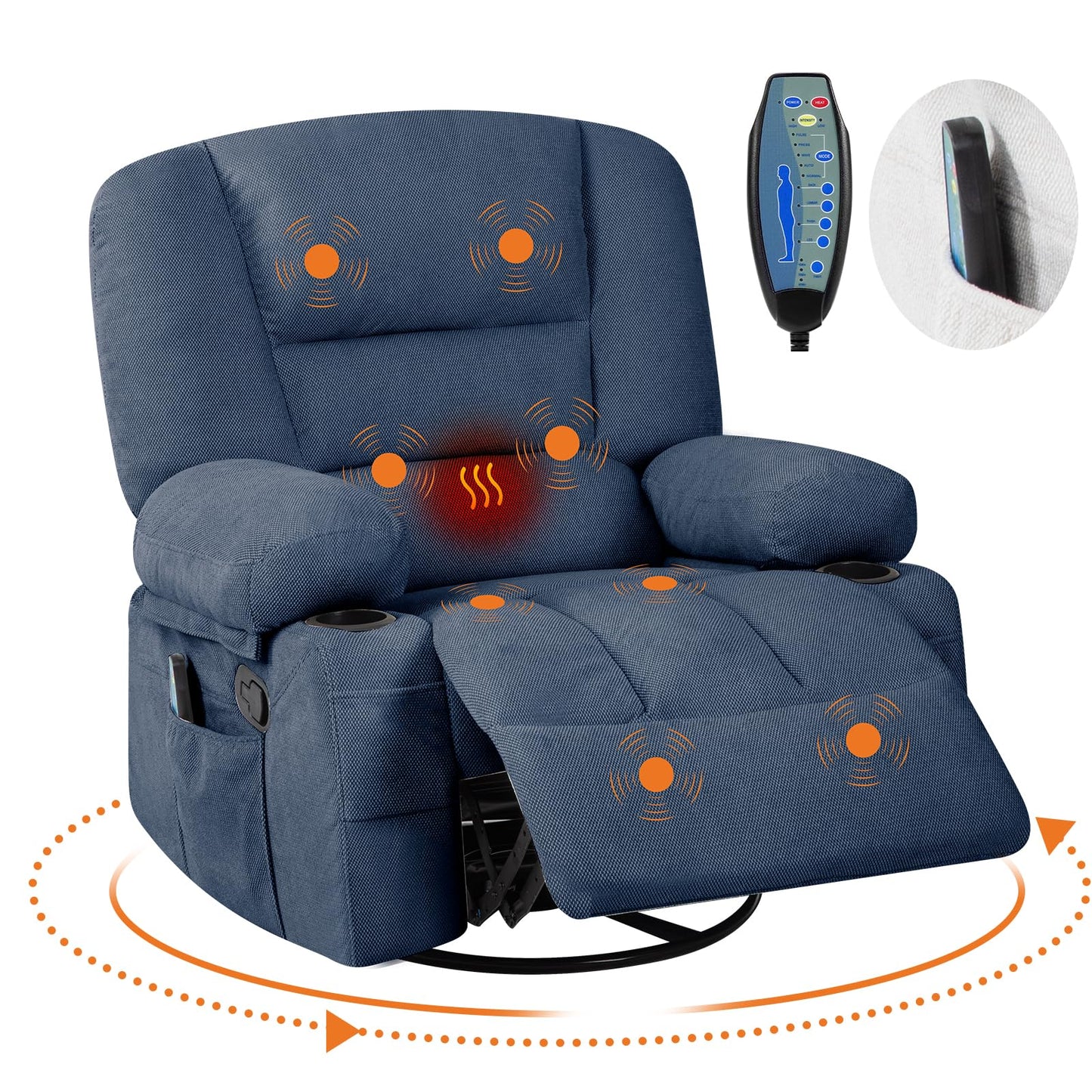 Garvee Rocker Recliner Chairs for Adults w/Vibration Massage and Heating,360° Swivel Rocker Glider Recliner,Extra Wide Manual Lazy Chair,Chenille Fabric Sofa Chair for Living Room,Bedroom,Blue