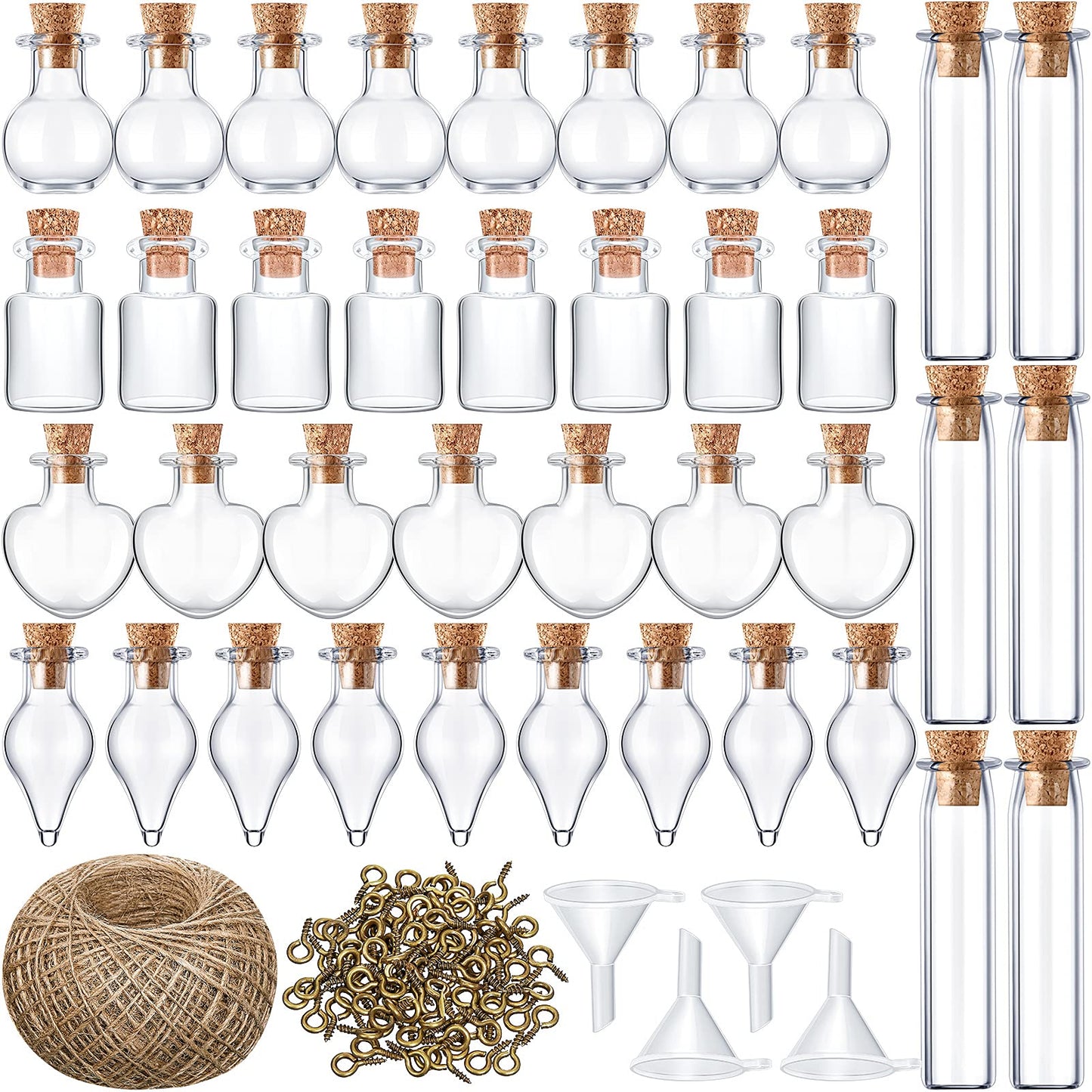 Geiserailie 50 Pieces Small Tiny Glass Spell Jars Bottle with Cork Stopper Witchy Gifts Witchcraft Supplies Wishing Bottles with Eye Screws Funnel Rope for DIY Crafts(Transparent,Style A)