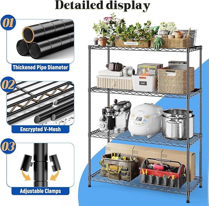 Xcity Storage Shelves, 4 Tier Heavy Duty Metal Shelving Unit with Wheels, 1600 LBS Capacity Adjustable Steel Wire Shelf Organizer for Pantry, Kitchen, Garage, 18" D x 36" W x 60" H, Black