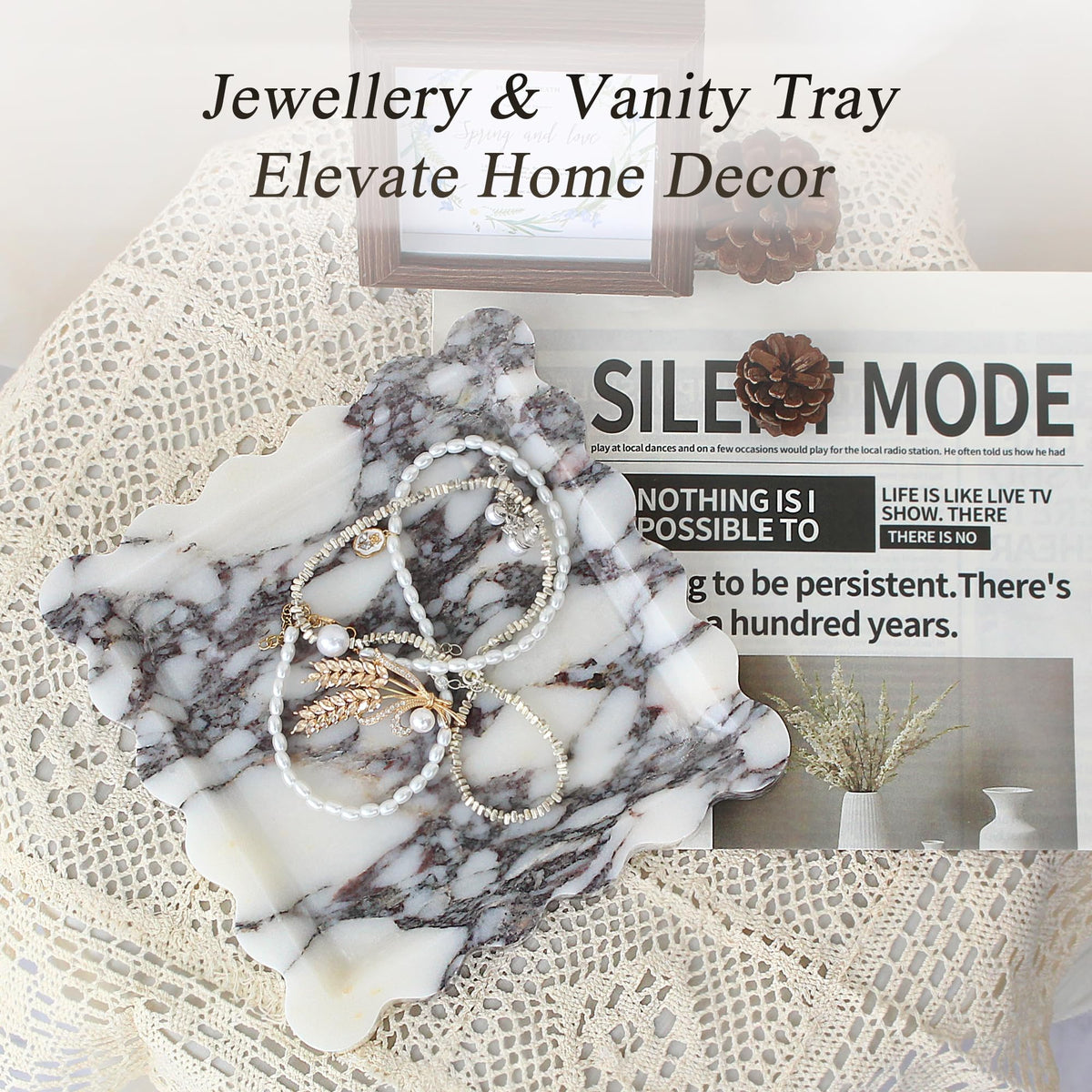 Square Marble Vanity Tray with Scalloped Edge - Natural Marble Perfume Tray Decor for Dresser, Vanity, Kitchen, Home Decor, Decorative Square Stone Tray - Calacatta Viola 8 * 8 inch