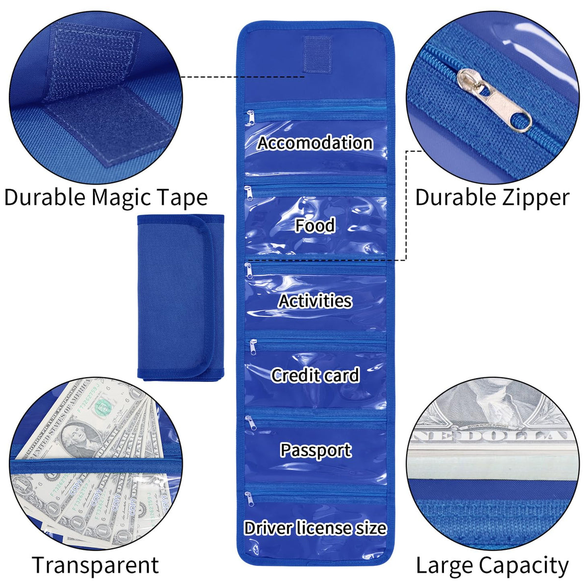 VOCHIC Money Pouch, Money Organizer for Cash with 6 Zippered Pockes, Cash Bill Organizer, Money Bag Small Travel Money Holder for Budgeting, Receipt and Tips,Mothers Day Gifts(Blue)