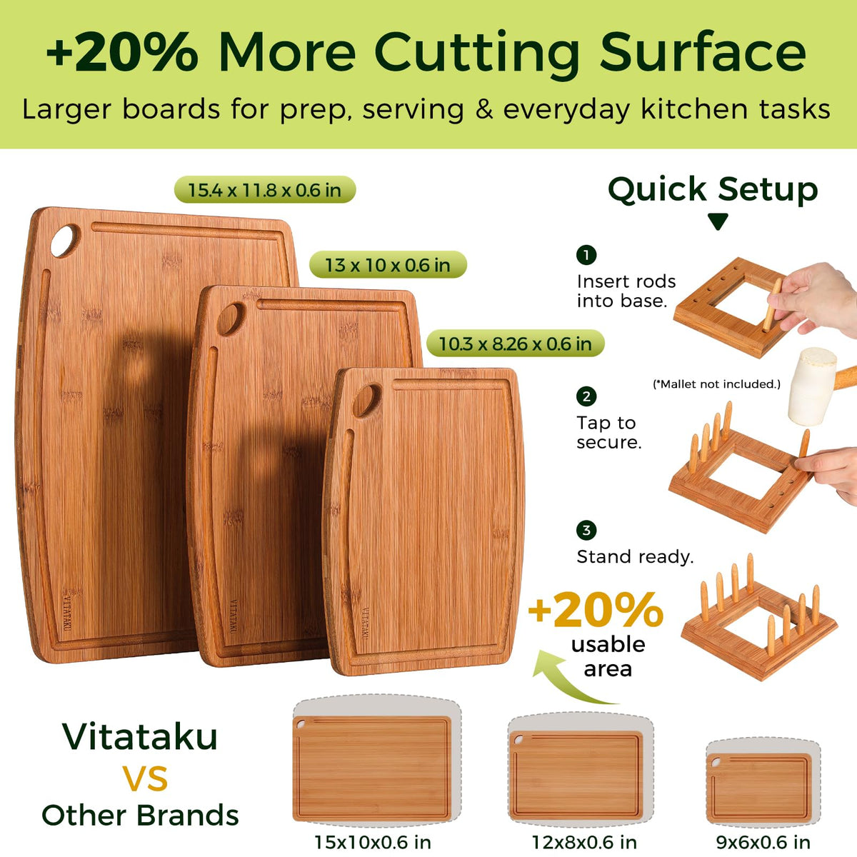 VITATAKU Bamboo Cutting Boards for Kitchen, 15.4" Deep Carbonized Wood Cutting Board with Storage Stand, 3 Piece Extra Thick Cutting Board Set with Deep Juice Grooves, Gift for Charcuterie Boards