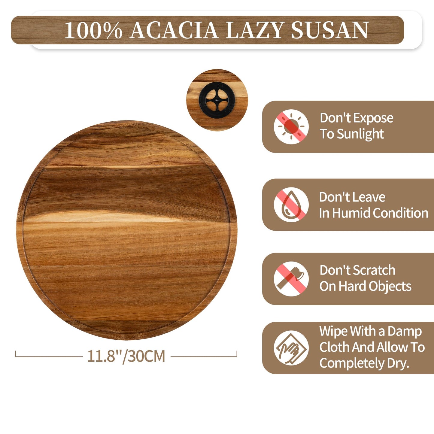 Hanobe Wood Tray Lazy Susan: Round Acacia Wooden Turntable Decorative Coffee Table Trays for Kitchen Counter Centerpiece Organizer Decor for Cabinet