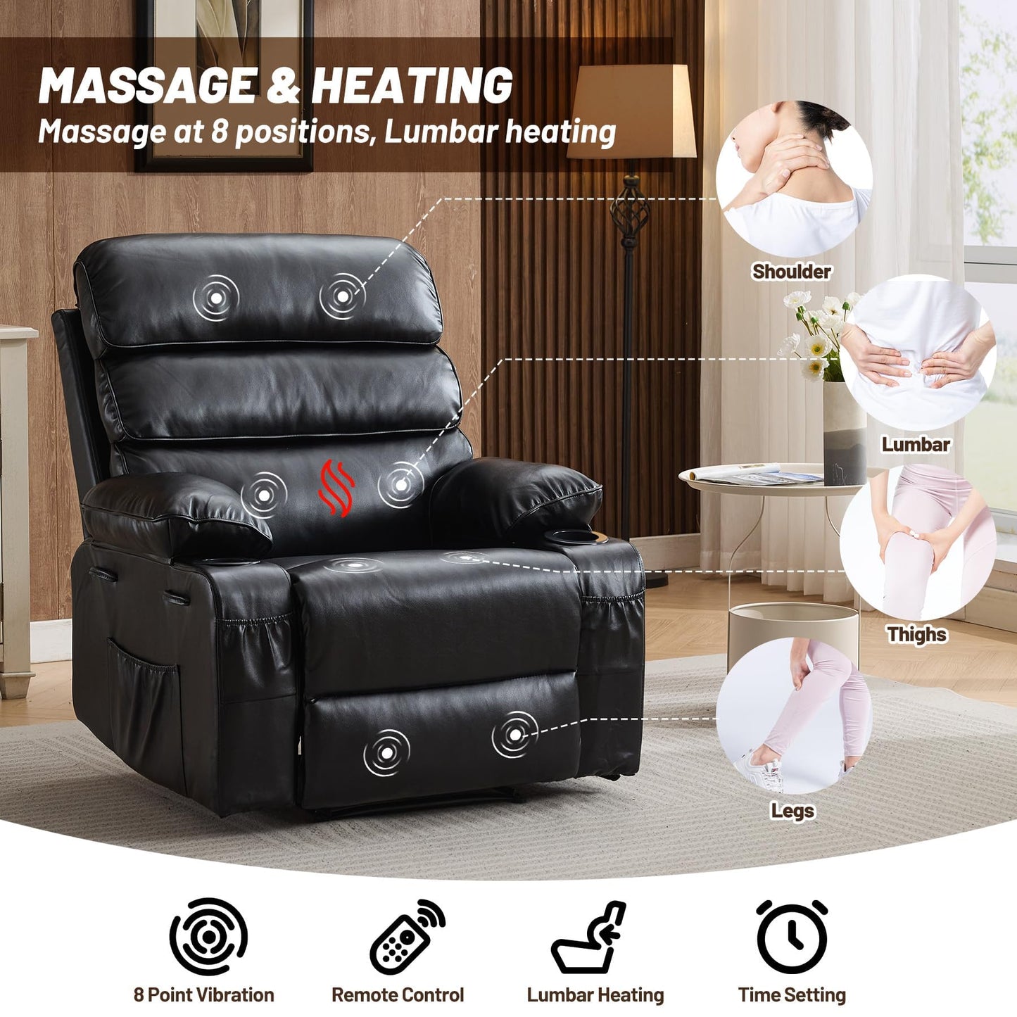 PU Leather Recliner Chair with Heat & 8-Point Massage, Extra Wide Manual Recliner for Adults, q235 Steel Frame, Side Pockets, 1.5X Comfort Arm & Back, Lazy Boy Sofa for Living Room or Bedroom - Black