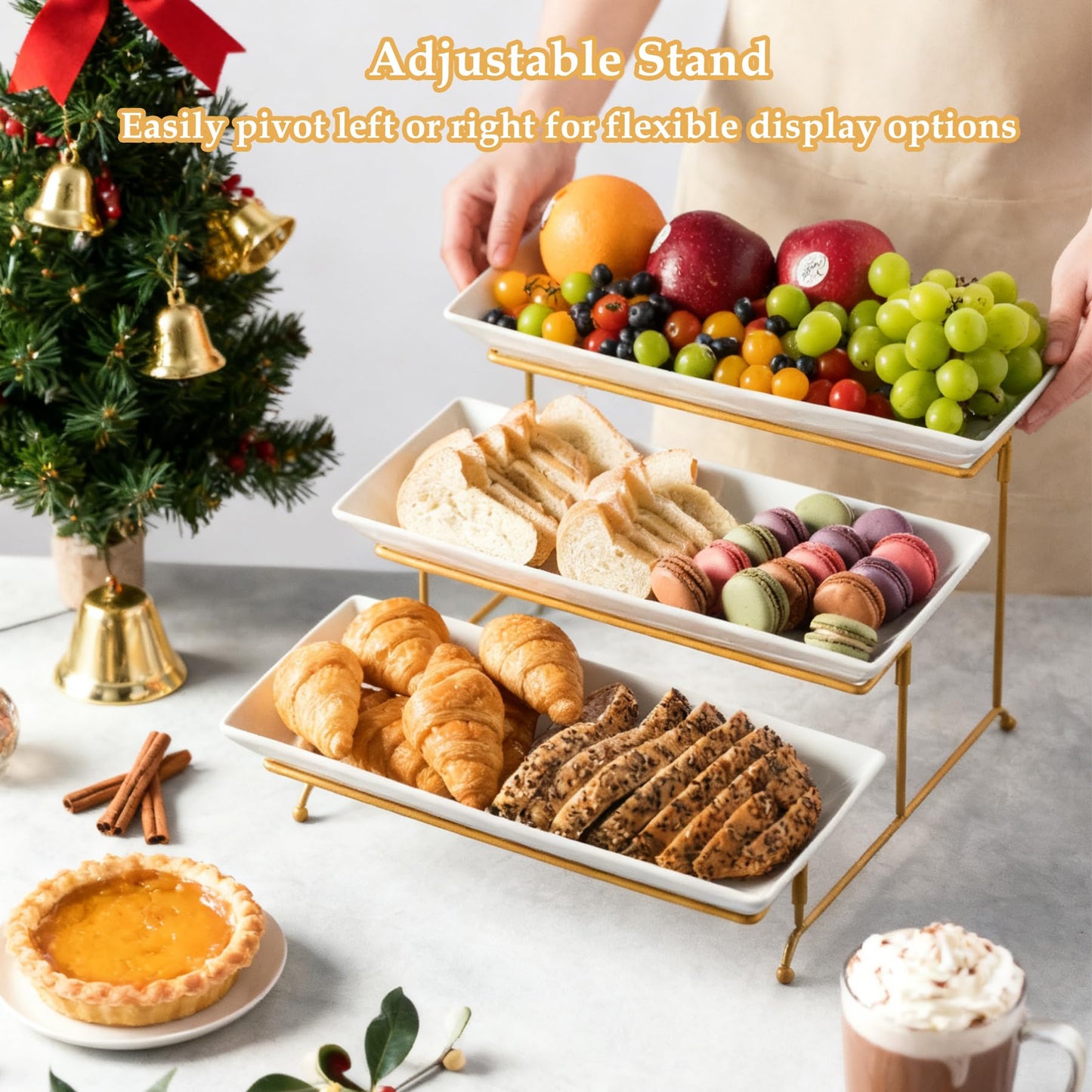 LYEOBOH 3 Tier Serving Stand and Platters Set Large Tiered Serving Platters with Collapsible Sturdier Rack 14 Inches Tiered Serving Tray for Appetizer Fruit, Dessert and Cupcake, White