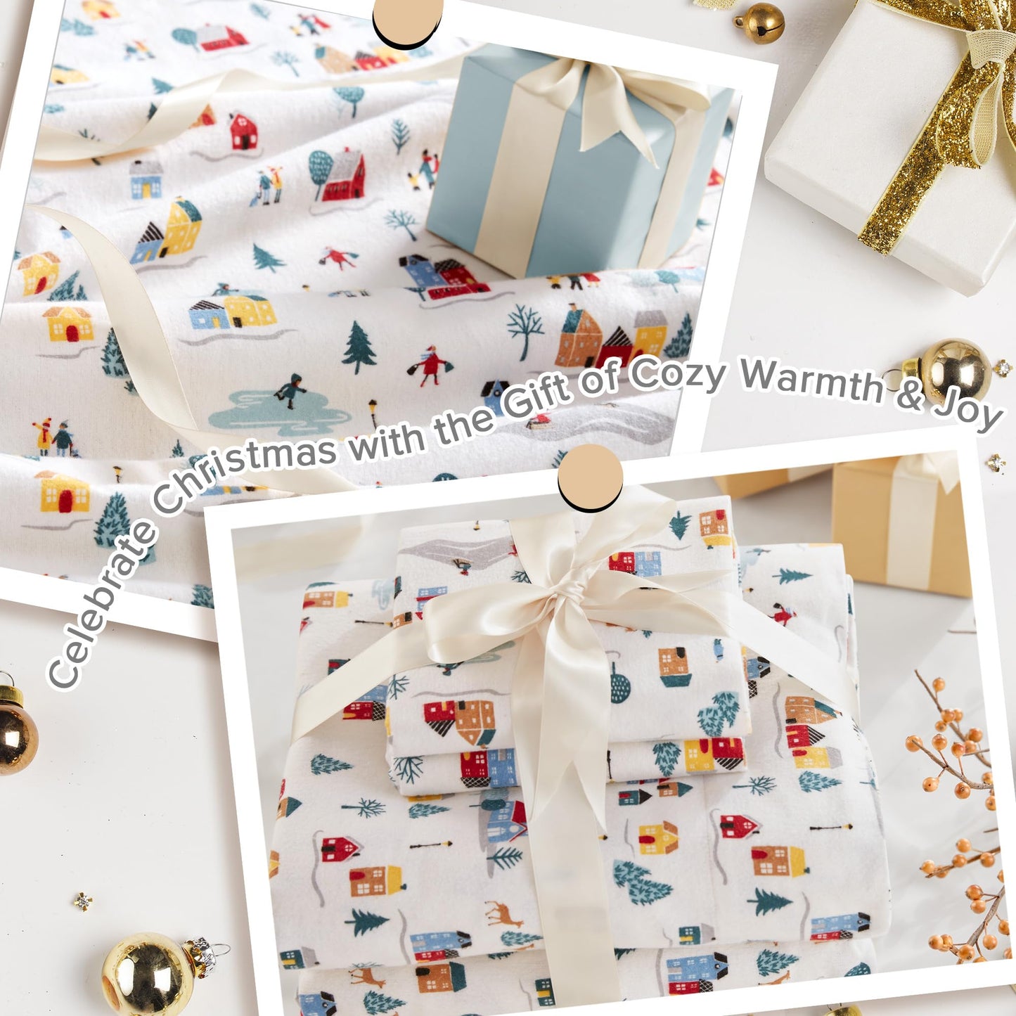 Sleep Philosophy True North 100% Cotton Flannel Sheets Queen Size, Cozy Flannel Sheet Set Brushed for Extra Softness, Heavyweight Novelty Print Warm Flannel Bedding Set, White Village Print 4 Piece