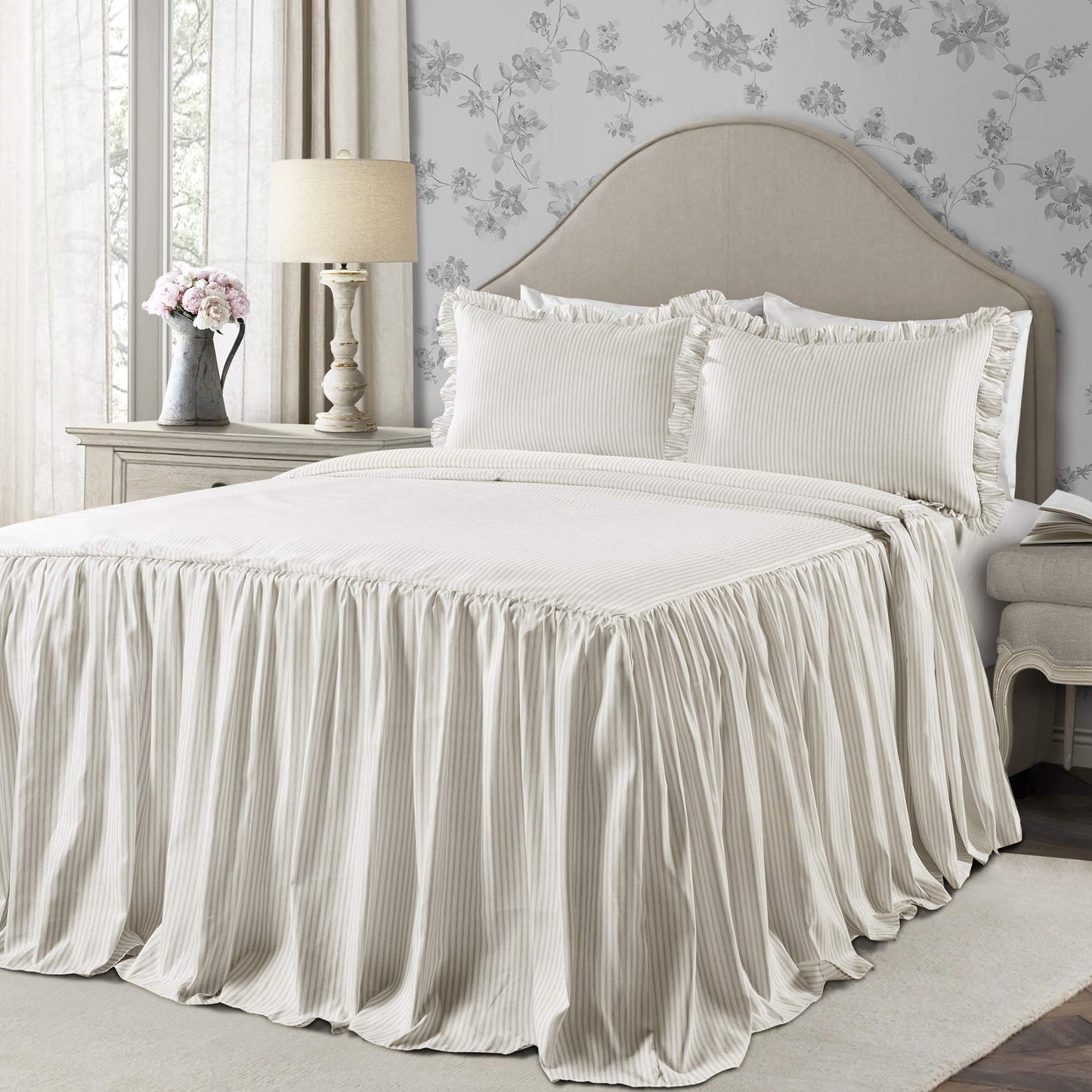 Lush Decor Ticking Stripe Bedspread Queen Size 3 Piece Set Wheat - Ruffle Bedding Set Queen Bedspreads - Striped Bedding - Farmhouse & Coquette Decor