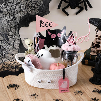 Reallnaive 12 Pcs Halloween Boo Gifts Basket Stuffers for Women Summer Halloween Spooky Ghost Cute Boo Basket Gifts Plastic Cups Paper Bat Plate Fuzzy Socks Skeleton Pendant for Her Sister Friends