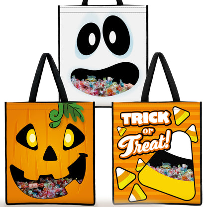 JOYIN 3 PCS Halloween Large Tote See-through Bags, 22.5” x 13.4” Halloween Goodie Candy Bags for Kids Trick or Treating, Grocery Shopping Gifts Tote with Handles, Classroom Party Favor Supplies