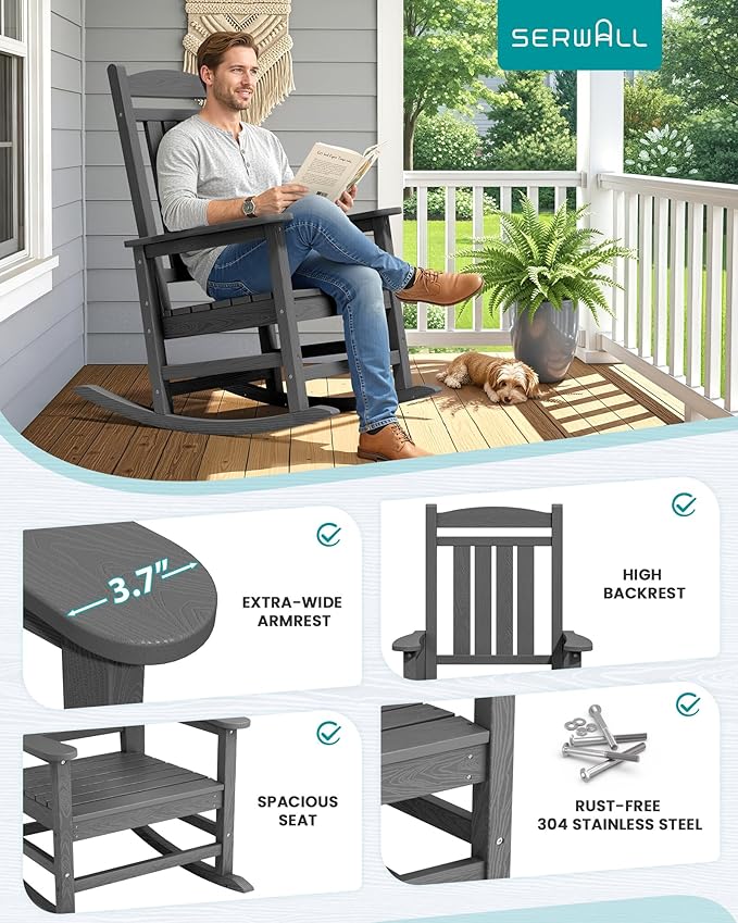 SERWALL Outdoor Rocking Chair Set of 2, HDPE Patio Rocking Chair, All-Weather Porch Rocker for Balcony, Yard, Dark Gray