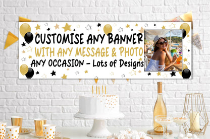 Large Personalised Banner Any Occasion Name with Photo for Men Women Boys Girls (6ftx2ft with PHOTO, Gold & Black Stars)