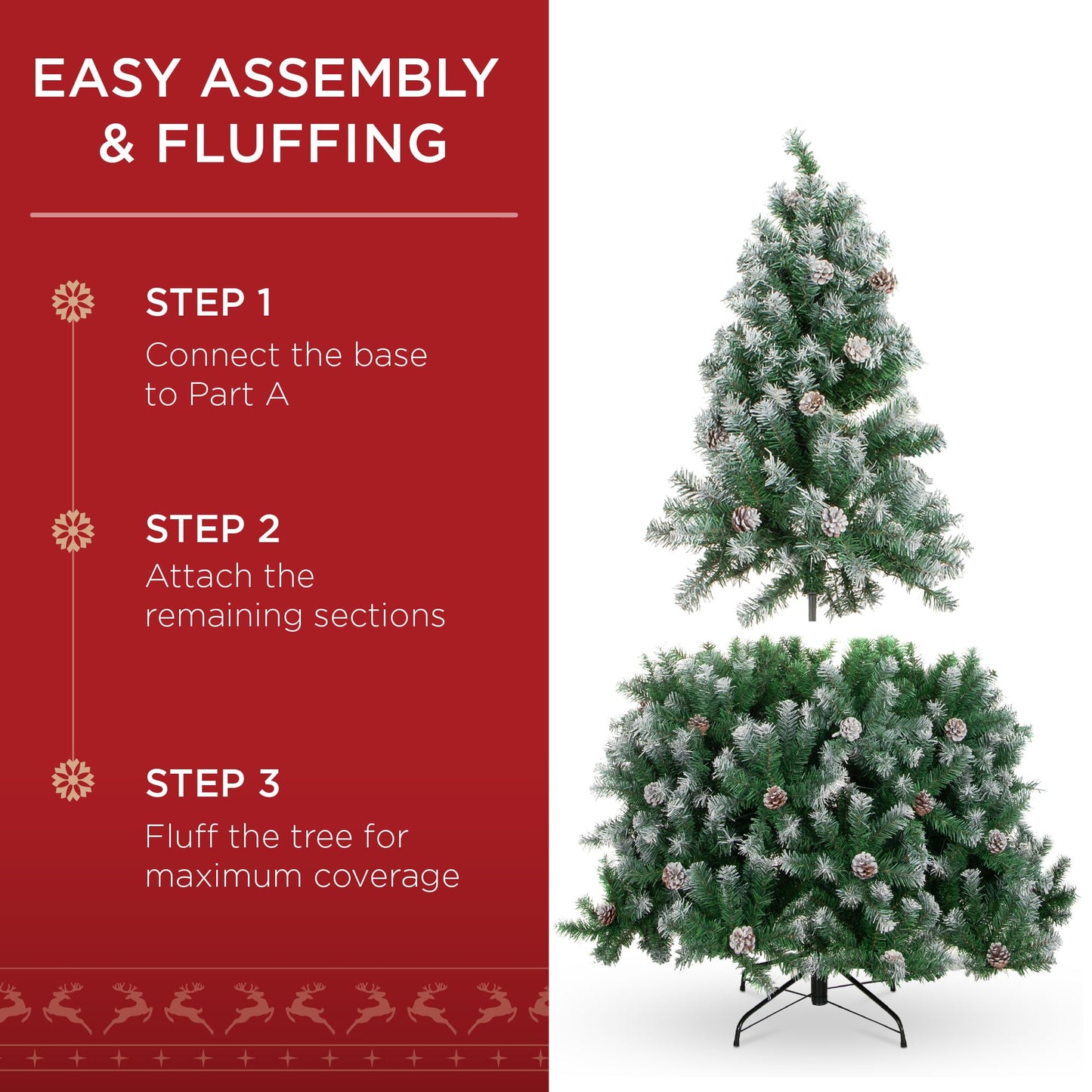 Best Choice Products 4.5ft Pre-Lit Pre-Decorated Pine Artificial Christmas Tree w/ 450 Flocked Frosted Tips, 32 Pinecones, 175 Lights, Base - Green