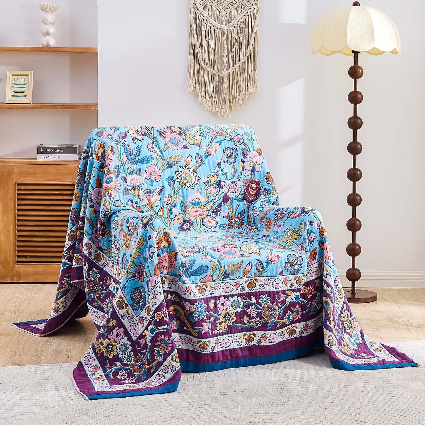 XIBLC Fall Blanket for Bed, 100% Cotton Soft Rustic Boho Throw Blanket Quilt, 60"x80" Farmhouse Decor Bed Flower Blankets, Light Weight Reversible Bohemian Throw Quilt