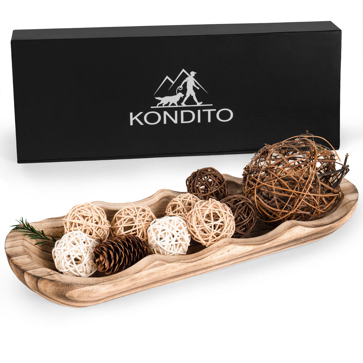 Kondito Wavy Edge Wooden Dough Bowl for Decor 16" L Lightweight Paulownia Wood Hand Carved Decorative Wooden Farmhouse Fruit Bowl Handmade, Home Decoration Centerpiece, Table Display Bowl